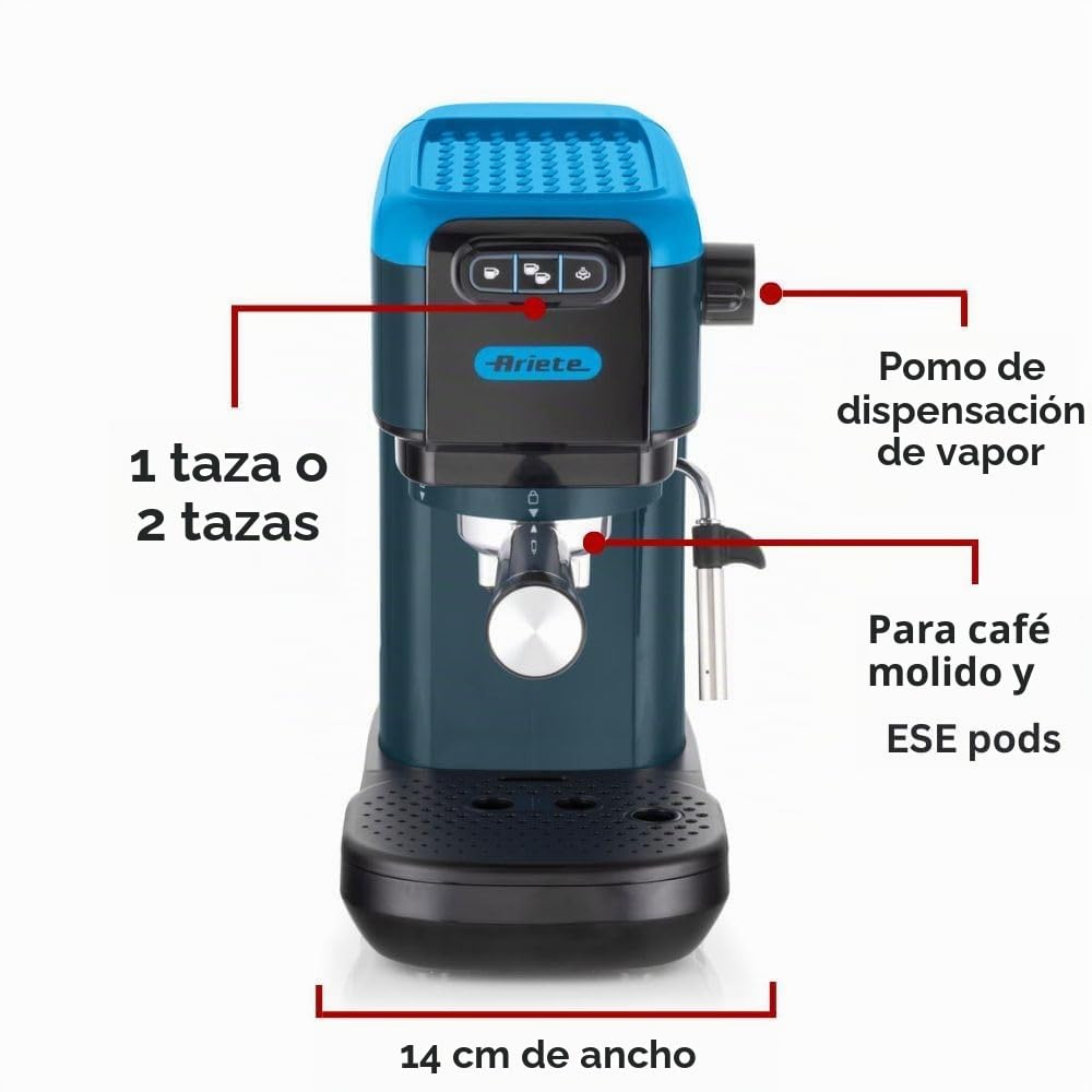 Ariete 1399 Máquina de café espresso, para polvo y almohadillas ESE, 1300 W, capacidad de 1,1 l, presión de 15 bar, filtro 1, 2 tazas y almohadillas ESE, capuchino