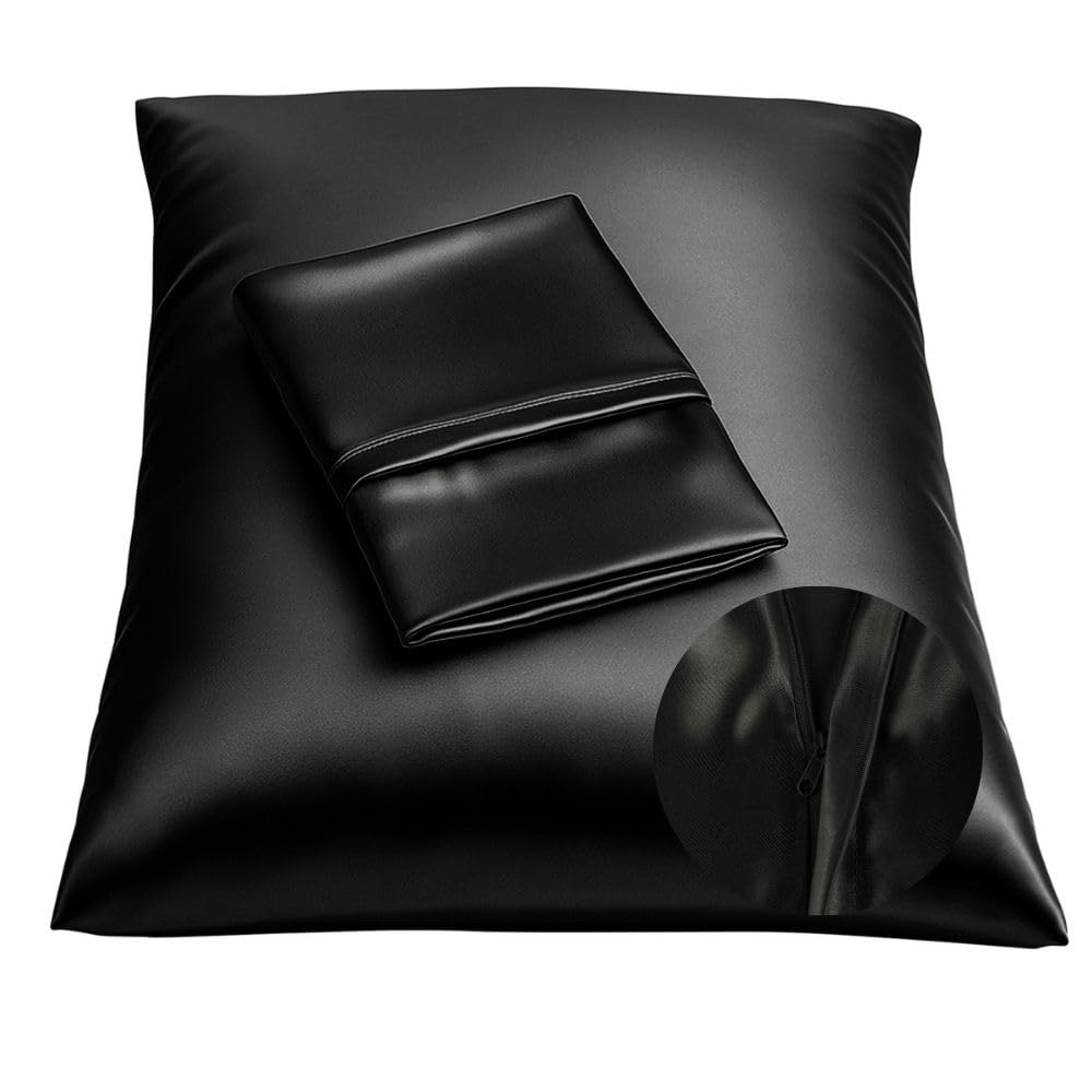 BLISSFORD Black Satin Pillowcase with Zipper for Hair and Skin Care, Feels Soft and Cool Like a Silk Pillowcase, Satin Pillow Cases 2 Pack, Slik Pillow Cover, King Size - Set of 2