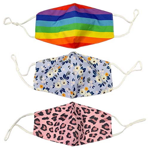 3 Pack of Washable and Reusable Breathable Organic Cotton 2 Layer Face Mask with Adjustable Straps in Floral, Pink Leopard, and Rainbow