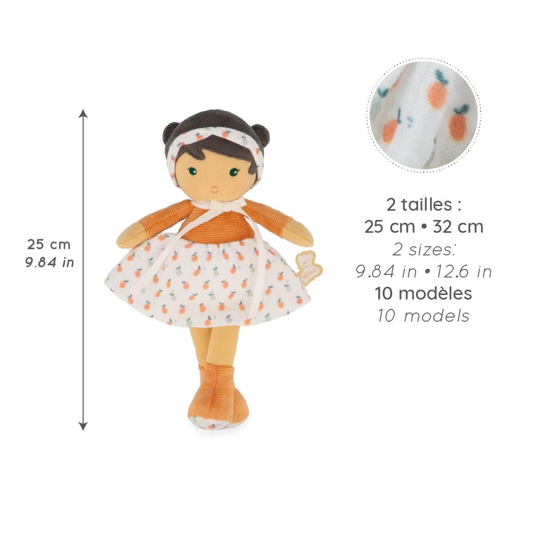 KALOO - Tendresse - Ma 1ère Poupée en Tissu Eloïse - Poupée de Chiffon 25 cm - Robe en Velours Côtelé et Mousseline - Jolie Boite Cadeau - Ruban Personnalisable - Dès la Naissance, K200019