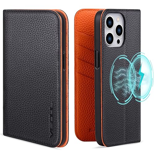 VISOUL Pebbled Genuine Leather Case for iPhone 15 Pro Max Wallet Case with Card Holder, Magnetic Flip Folio Cover with Kickstand for iPhone 15 Pro Max (6.7 inch)(Black+Orange)