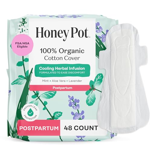 Image of The Honey Pot Company - 48ct - Herbal Postpartum Pads w/Wings - Infused w/Essential Oils for Cooling Effect, Organic Cotton Cover, & Ultra-Absorbent - Feminine Care