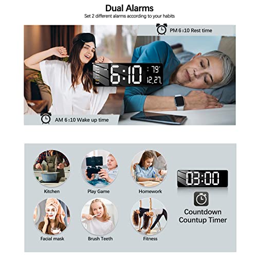 Image of JoFomp Digital Wall Clock - Large 16 Inch LED Display, Remote Control, Alarm Clock, Automatic Brightness, Date, Week, Timer, Temperature - 12 /24H - Wall Mount for Home, Office (White)