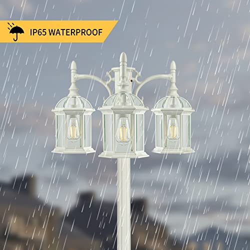 Partphoner Dusk To Dawn Outdoor Lamp Post Light Birdcage, 3 Head Waterproof Outside White Street Light Pole With Clear Glass Shade For Yard Garden Patio Path Driveway #TOP3