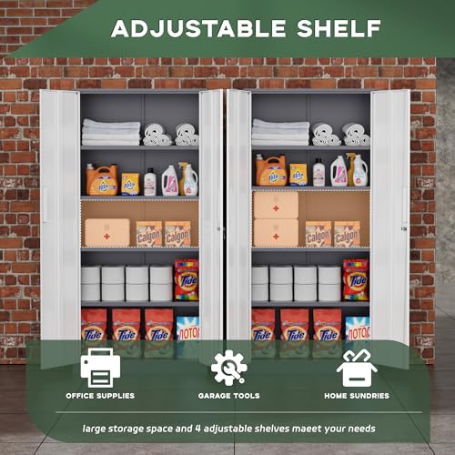 Image of Greenvelly Metal Storage Cabinet, 72 inch Locking Metal Garage Storage Cabinet with Doors and 4 Adjustable Shelves, Lockable Steel Cabinet for Home Office, Garage, Shop, School (White Grey 32 inch W x 16 inch D)