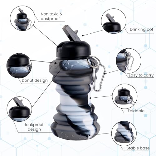 Image of Kuber Industries Pack of 2 Collapsible 600 ml Silicone Water Bottle With Flip Cap | Lightweight & Portable School Water Bottle - Ideal For Travel & Gym | Black