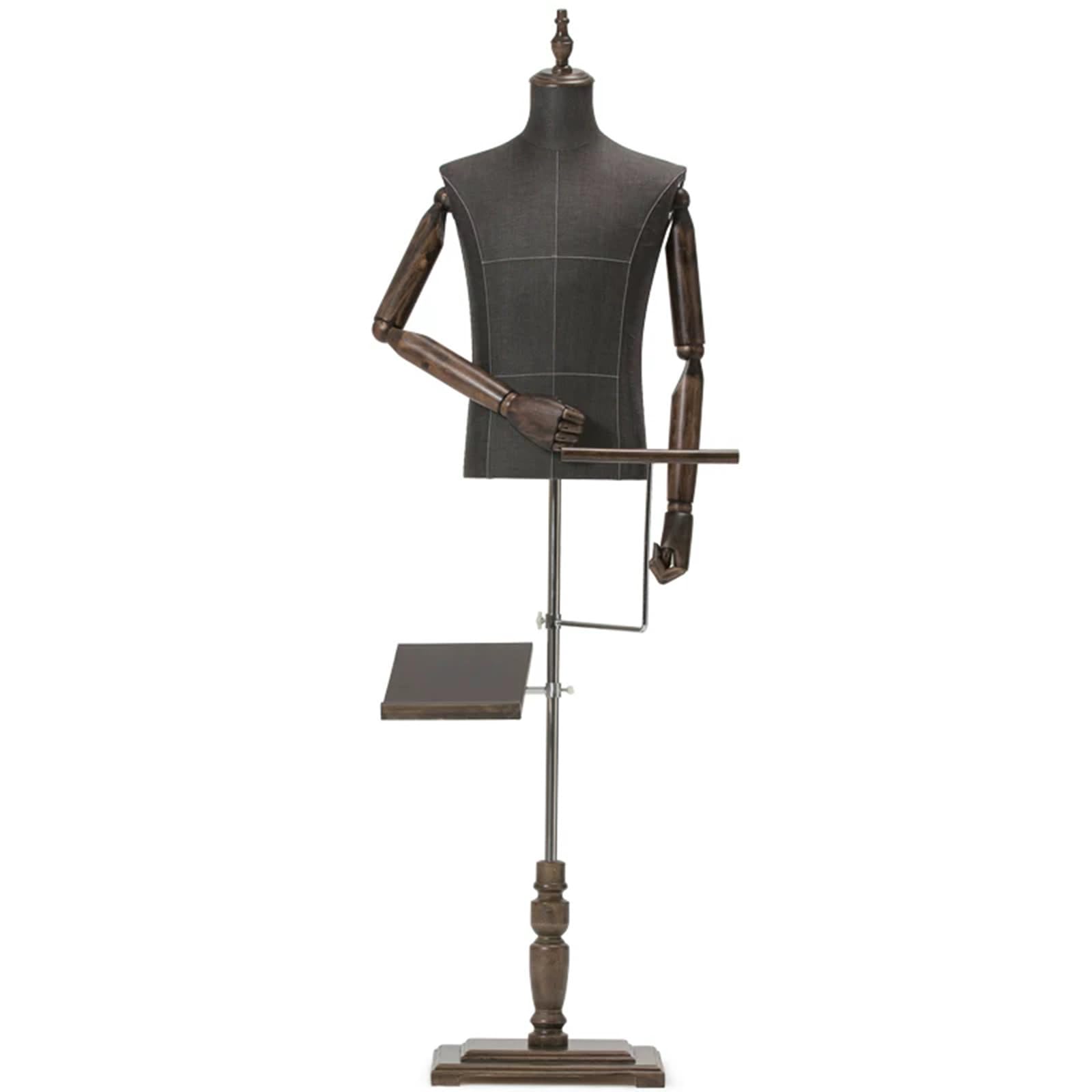 Male Mannequin Torso With Articulated Wooden Arms & Shelves, Adjustable Height, For Clothing Display, Boutique, Tailor Shop
