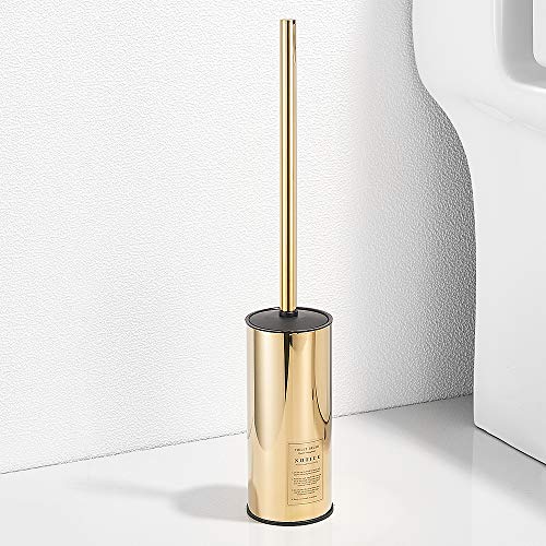 Image of Freestanding Toilet Brush Holder for bathrooms 304 Stainless Steel Toilet Brush Stand Round Storage and Organization Rust Resistant 18-inch high Polished Gold Finished