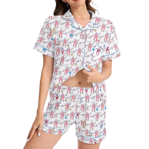 Image of Ammiko Womens Pajamas Set Y2k Loungewear Pajama Button Down Top and Shorts Monkey Beach Short Sleeve Sleepwear Preppy