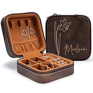 Custom Leather Jewelry Box w/ Name & Birth Flower Month – Birthday Gifts for Women, Personalized Jewelry Travel Case…