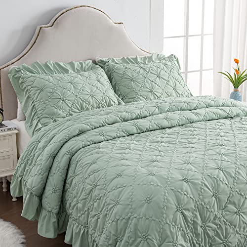 Andency Sage Green Comforter Queen Size Pinch Pleat Ruffle Comforter Set, 3 Pieces Pintuck Boho Shabby Chic Fringe Comforter Set, Soft Microfiber All Season Down Alternative Bedding Set #TOP1