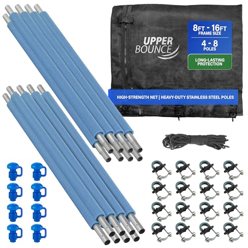 Machrus Upper Bounce Replacement Round Trampoline Safety Enclosure Net Set Kit with 8 Poles and Hardware, Fits 14 ft Frame, Installs Inside