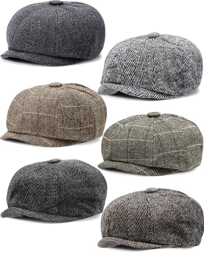 Image of Suhine 6 Pcs Newsboy Cap for Men Octagonal Hat 8 Panel Wool Blend Beret Flat Tweed Adjustable 22 to 24 Inch