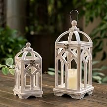 Farmhouse Lanterns Decorative Indoor 11" & 15" Set of 2 White Wooden Candle Holder Lanterns for Table Centerpiece Fireplace Mantle Home Decor
