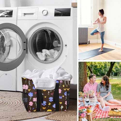 JUNZAN Cute Florals in Black Utility Bag Foldable Tote Bag For Beach With Pockets Resuable Grocery Bags with Handles Laundry Bag Travel 7