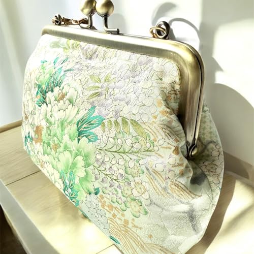 Kimono Cloud Clutch bag Vintage Floral Kiss Lock Purses and Handbags Crossbody Bag/Made in Japan Japanese Evening Clutch Buckle Purse Shoulder/Green Peony3