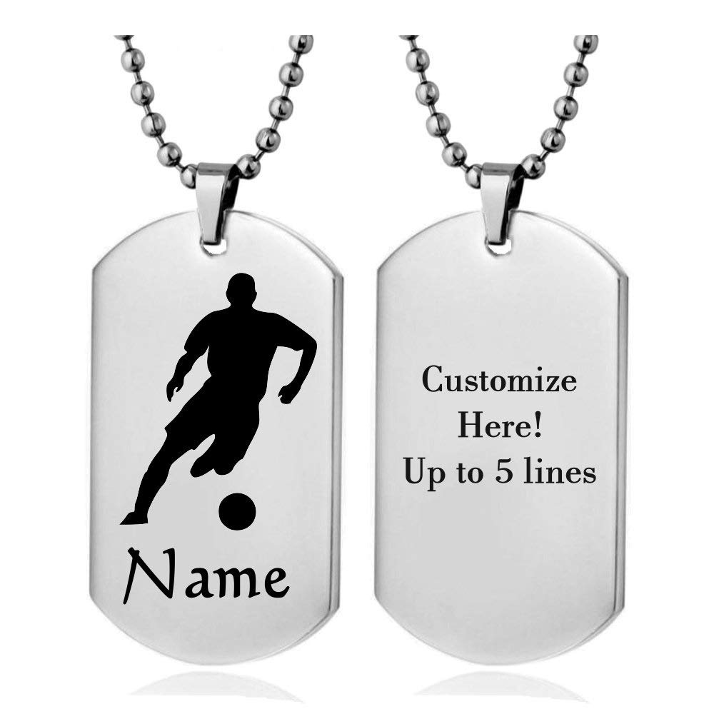 Personalized Sport Silhouette Customize Engrave Message Name Dog tag Necklace Pendant 24 inch Stainless Steel Chain Giftpouch and Keyring (Silver Soccer)