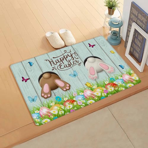 Easter Bunny Butt Kitchen Bath Door Mat Cushioned Runner Rug,Washable Welcome Floor Sink Antifatigue Mat,Waterproof & Non-Slip Comfort Standing Doormat,Easter Egg Daisy Aqua Wood Grain 18