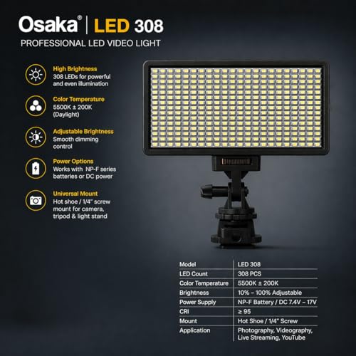 Image of Osaka Bi-Color Dimmable LED Video Light OS-LED-308 Pocket LED Slim for All DSLR Video Cameras YouTube Video tiktok Photography Shooting with F750 Battery 8000 mAh and Fast Charger