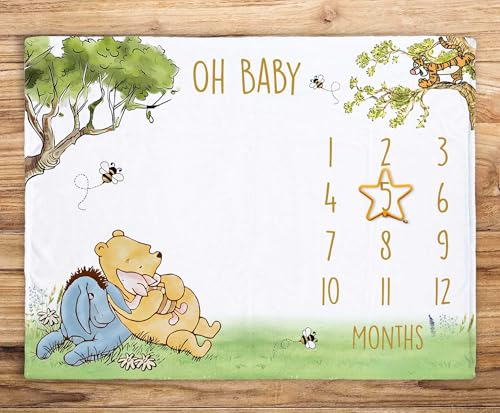 Image of Bttwkco Classic Pooh Milestone Blanket, First Year Monthly Growth Mat, Winnie with Friends Monthly Blanket, New Mom Gift