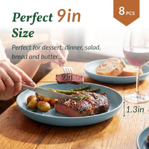 Image of Homienly Wheat Straw Deep Plates 9 Inch Unbreakable & Lightweight Plastic Dinner Plates Alternative for Dessert, Sandwich 8 PCS Microwave & Dishwasher Safe Reusable Plate for Camping, RV-Light Blue