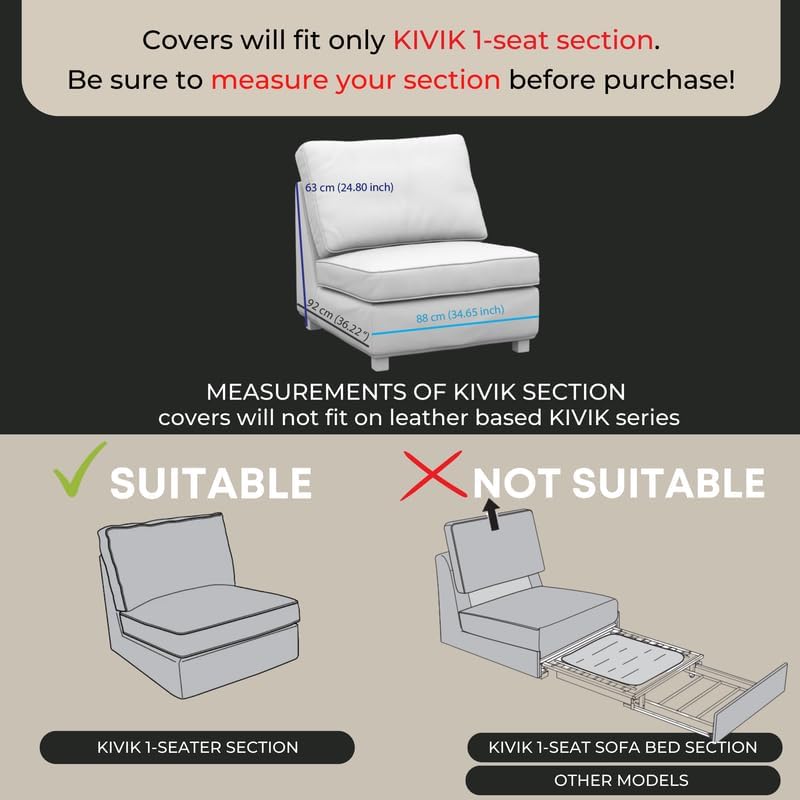 comfortly Cover for Kivik 1 Seat Section, Replacement Slipcover, Heavy Duty 3 pcs Cover, Soft Durable Washable Fabric, Easy to Clean & Replace (Crown - Black)