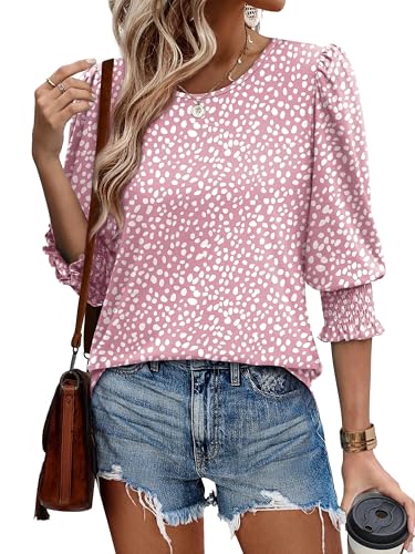 Image of XIEERDUO Blouses for Women Dressy Casual 3 /4 Length Sleeve Womens Tops with Smocked Cuffs
