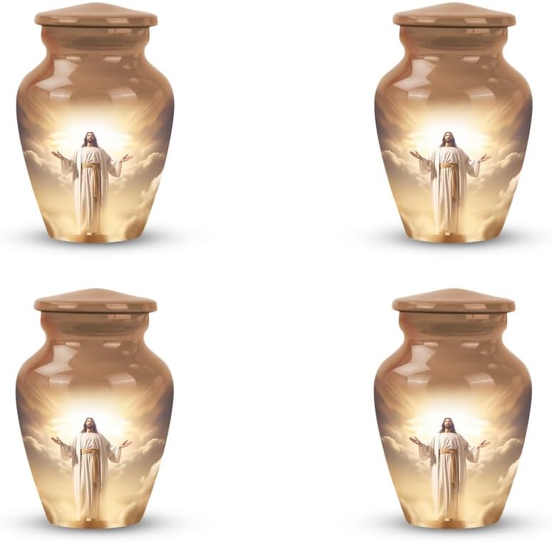 Jesus Christ in Front of the Holy Cross in Sky - Cremation Urns Small - Unique Urn - 3 Inch - Pack of 4 - Miniature Memorial Ash Urn - Tiny Remembrance Container - Adult Urns for Human Ashes Men