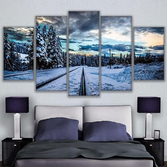 Genérico 5 Impresiones en Lienzo Vías del tren congeladas Lienzo de pared de arte moderno enmarcado Pintura Dormitorio Salón Cocina