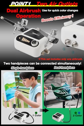 Airbrush Kit with Compressor, Can Connect Two Airbrushes, 41PSI, Auto Power ON/Off, 5-level adjustable, Dual Action, 0.3mm Nozzle, Compact, Airbrush Compressor Set, Painting, Nail, Makeup — view 3