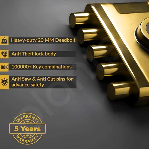 Image of Plantex Stainless Steel Penta Bolt Lock for Main Door /5-Point Security Deadbolt with Brass Cylinder & 4 Keys /Door Lock Set with 5 Years of Warranty (PVD Gold)