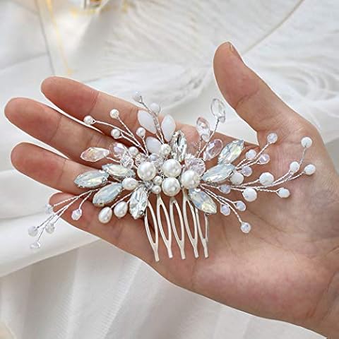 Unicra Bride Wedding Hair Comb Silver Crystal Bridal Hair Accessories Pearl Headpiece for Women and Girls Cover