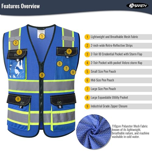 Image of JKSafety Hi Vis Reflective Safety Vests for Men Women High Visibility Vest with Pockets Mesh Fabric Construction Safety Apparel Neon Vest for Work (220-Blue S)