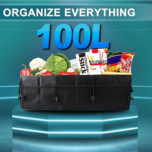 Image of Sposuit Large Trunk Organizer - 98L Collapsible Car Storage Organizer | Removable Dividers, Adjustable Securing Straps, SUV Trunk Organizers for Grocery Cargo, Car Organization for Truck SUV Van