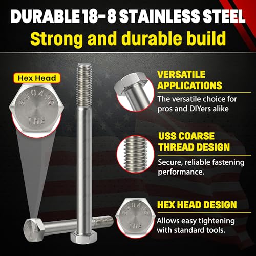 Image of Chenango Supply 3 /8-16 x 5 Stainless Steel Hex Head Bolts - 304 Stainless, USS Coarse Thread, 100,000-125,000 PSI Tensile Strength, Corrosion-Resistant Hardware Bolts, (25 Pieces, 3 /8-16 x 5)