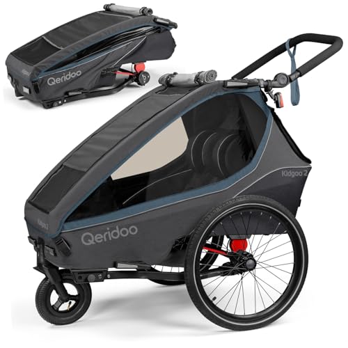 Qeridoo Kidgoo 2 Navy Blue | Fahrradanh&auml;nger 2 Kinder | Fahrrad Anh&auml;nger Kinder mit Federung & Easy ARS | Jogger Kinderwagen | Kinderfahrradanh&auml;nger klappbar | Kinderbuggy 45L | Walker & Bike Trailer