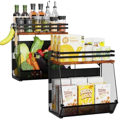 Magnetic Shelf for Fridge with Wood Lid - Magnetic Spice Rack for Refrigerator, Mesh Design Large Shelf Basket, Shelves for Kitchen Pantry Storage Organizer for Food Fruit Veg (2Pack)