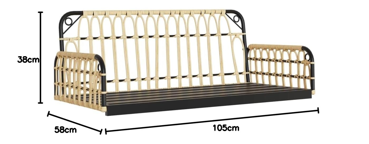 Banco balancín de polirratán y acero con cojines de 105 x 58 x 38 cm para exterior, suspensión con anillas de fijación, estructura robusta y asiento cómodo para relajarse