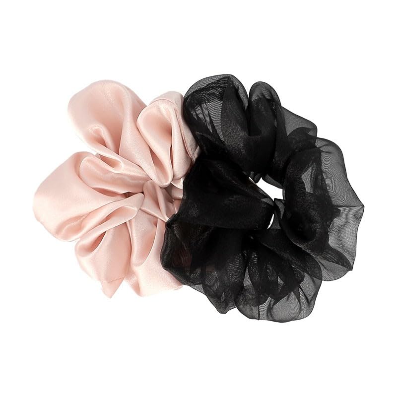 Chouchou cheveux tendance en tissu texturé rose et noir lot de 2 DESSANGE