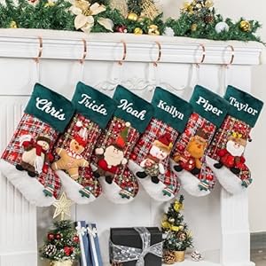 GEX New Personalized Christmas Stockings for Family 18 Embroidered Custom Name Plush Dolls Plaid Green Christmas Stockings Ornament Fireplace Xmas Tree Holiday DecorationSet of 4
