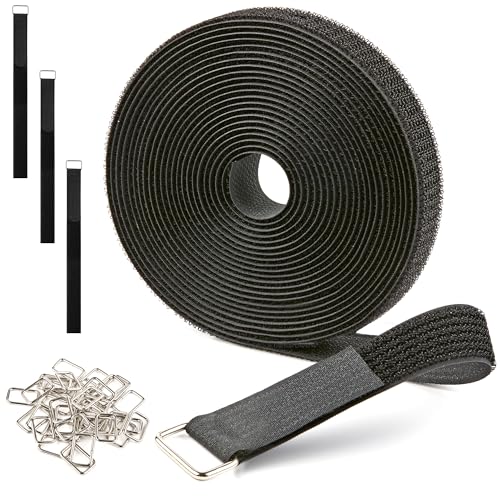 Image of 1 inch x 15ft Reusable Cable Straps Roll with 20 Metal Buckles Adjustable Cut-to-Length Nylon Cable Ties and Fastening Straps for Organizing and Storage Black