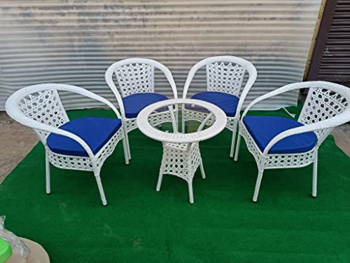 Image of Anaya Decor D-12 Chairs Table Set 4+1 Wicker Patio Furniture Sets 4 Chair and 1 Table with Cushions for Garden Balcony Bedroom Powder Coated Frame Uv Protected Wicker (White+Blue)