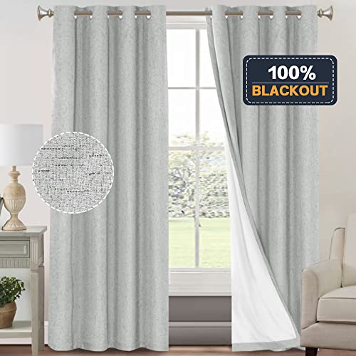 Image of PrinceDeco Linen Blackout Curtains 84 Inches Long 100% Completely Blackout Window Treatment Thermal Insulated with White Liner Grommet Linen Textured Curtains for Living Room, 2 Panels, Glacier Grey