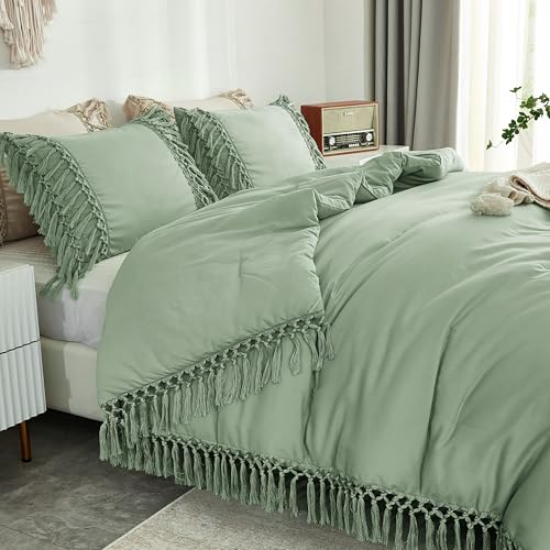 Image of Andency Full Size Comforter Set Sage Green, 3 Pieces Boho Tassel Lightweight Vintage Soft Bedding Comforter Sets, All Season Fluffy Fringe Bed Set (79x90In Comforter & 2 Pillowcases)