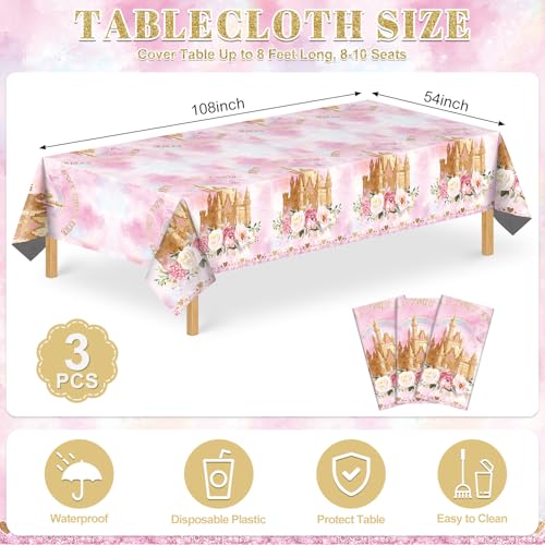 Image of 3 Pack Princess Tablecloths, 54 x 108 Inch Disposable Pink Rose Castle Themed Table Cloth Waterproof Pink Tablecloth Rectangle Birthday Party Table Cover for Girls Birthday Baby Shower Party Supplies