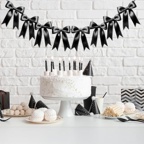 Image of 1 String of 8PCS Black Bow Garland Banner Decoration,Pre-Strung Satin Ribbon Ornaments for Birthday,Bachelorette Party,Bridal Shower,Wedding,Engagement,Baby Shower,Graduation Decor,Anniversary