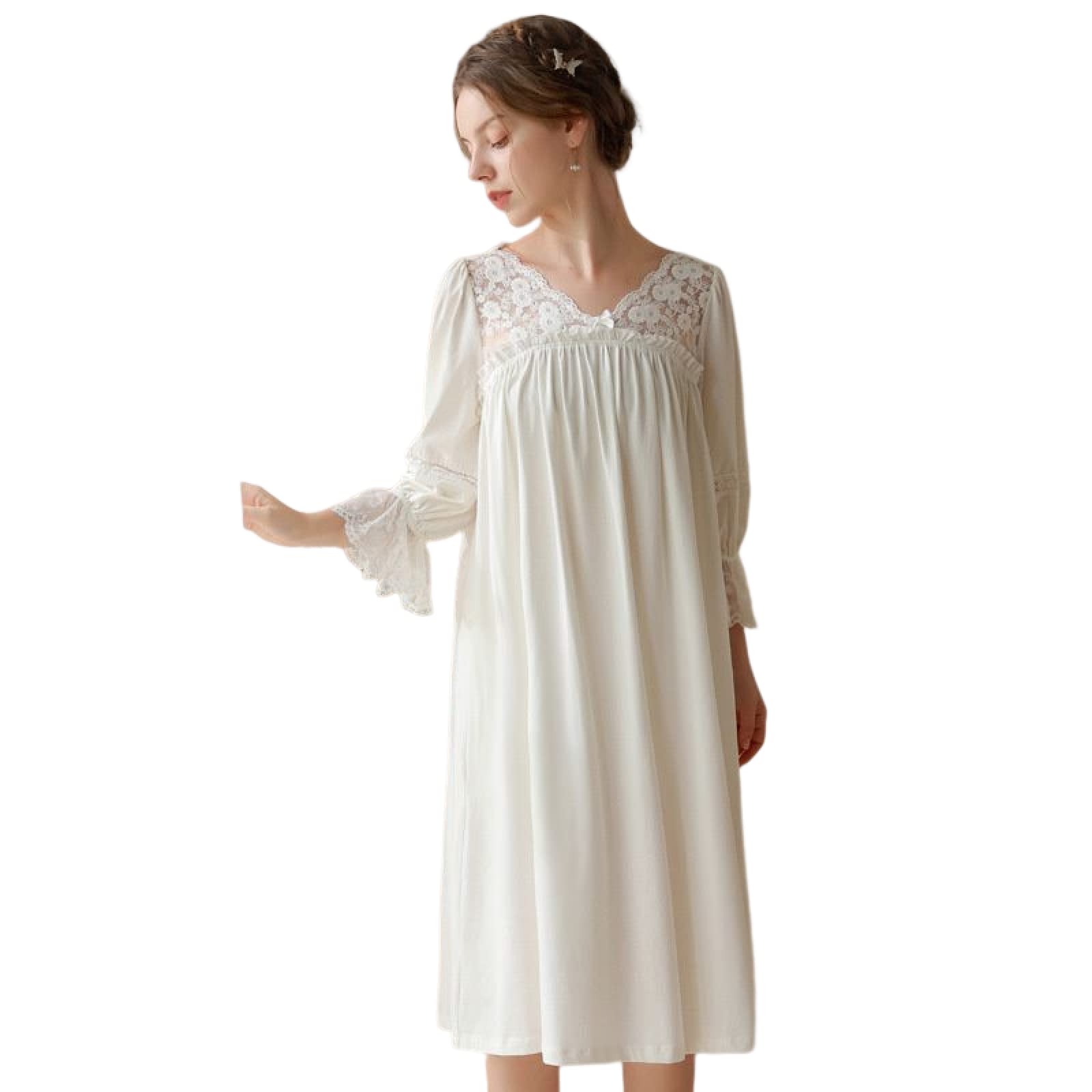 OFFSUM Camicia da Notte Donna - Primavera Casual Tinta Unita Camicia da Notte Scollo A V Pizzo Cotone Ricamo Pigiameria Elegante Autunno Principessa Pigiameria Abbigliamento