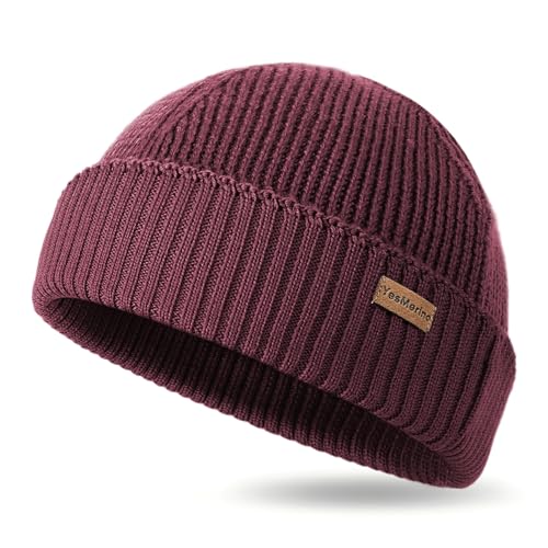 100% Merino Wool Fisherman Beanie for Men Women, Short Knit Cuff Trawler Winter Hat, Warm Soft Outdoor Gift Army Green