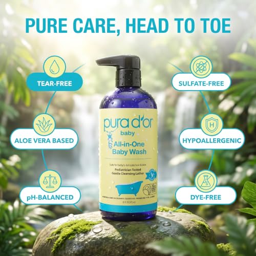 PURA D'OR All-in-One Calming Baby Wash & Shampoo for Sensitive Skin, 16oz | Tear-Free Gentle Cleanser, Hair and Body Care, Aloe Vera Base, Lavender, Hypoallergenic, Sulfate-Free, USDA Biobased - image 4