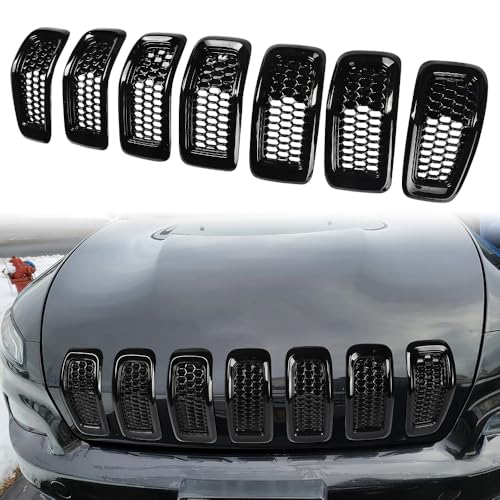 JSCARLIFE 2014-2018 J-eep Cherokee ABS Honeycomb Grille Inserts 7-Piece Kit - OEM Style Mesh Covers - Clip-On Installation, Anti-Corrosion Trim for KL Model (Black)